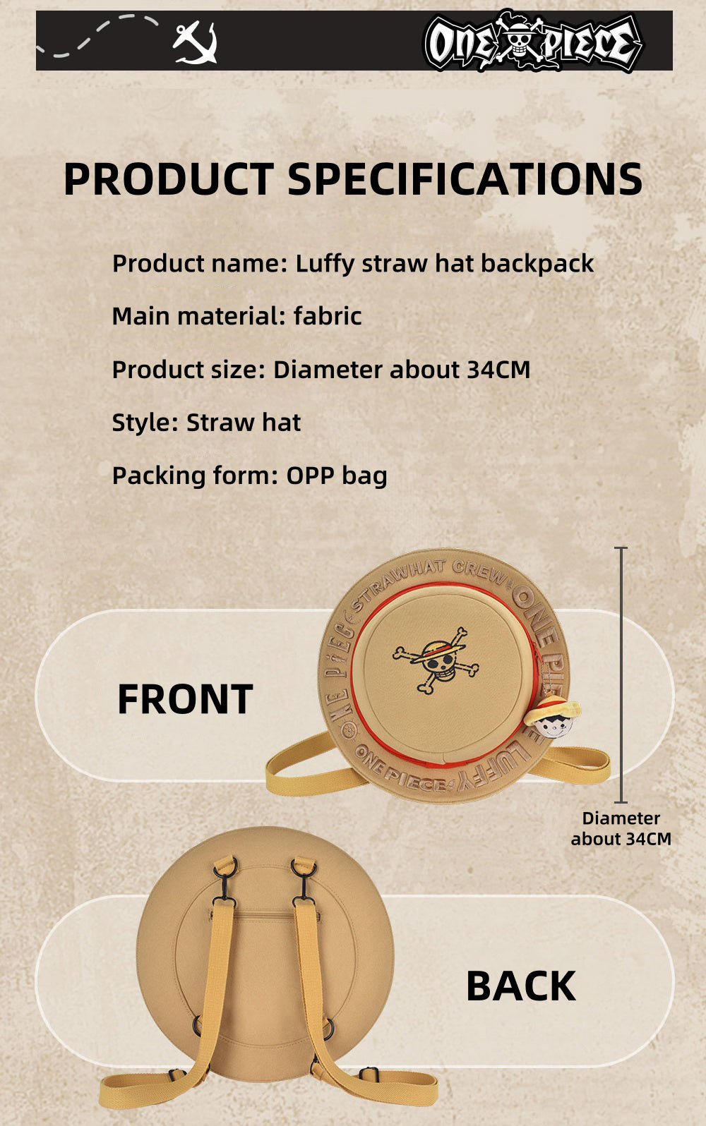 Luffy straw hat shape backpack, full of personality, large capacity, carrying adventure dreams